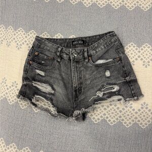 Distressed Black Denim Shorts